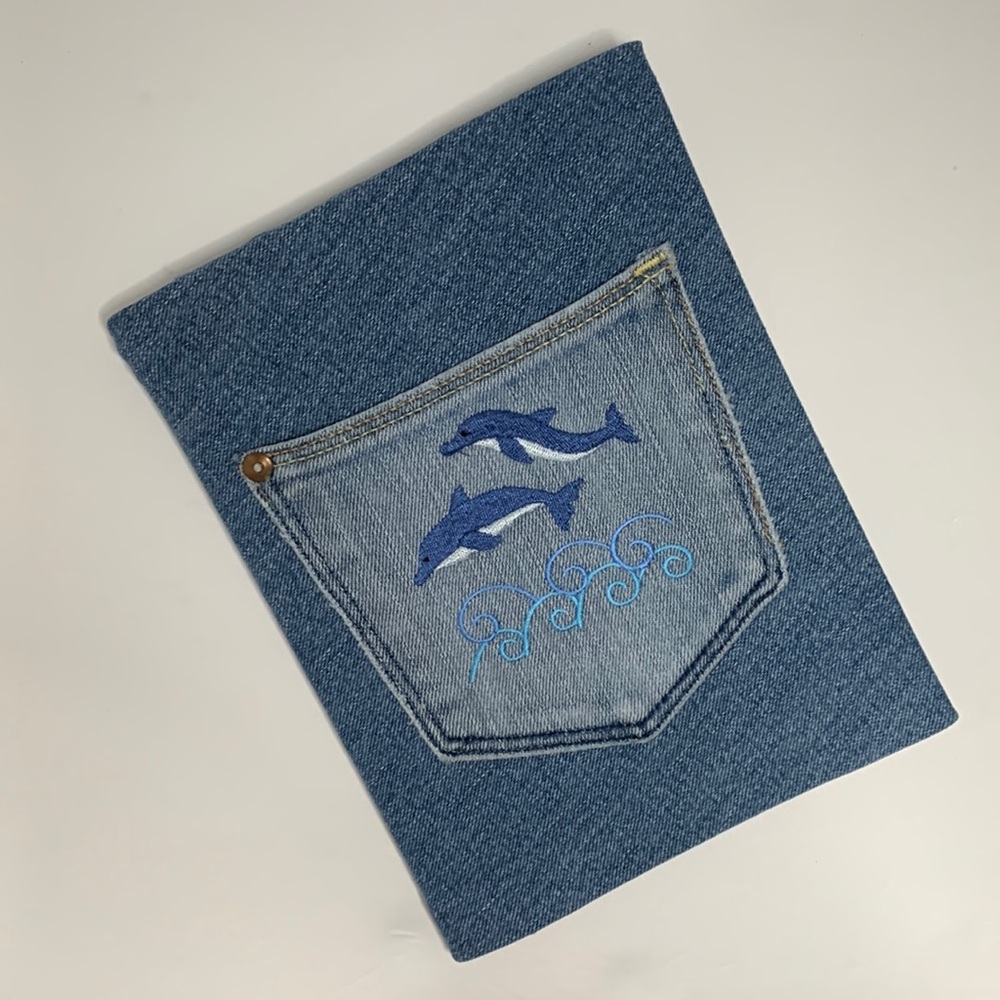 Denim Notebook Cover with Large Dolphins Front Pocket